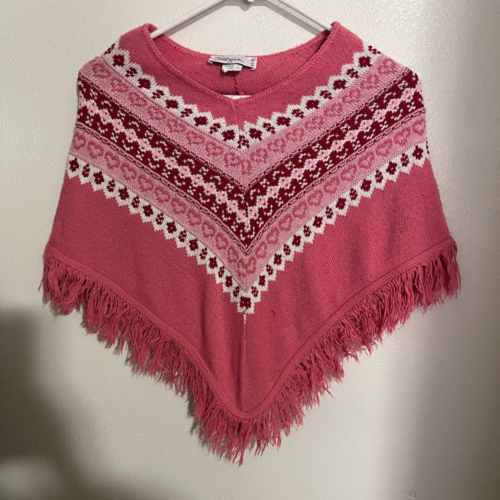 THE GREAT AMERICAN SWEATER Classic Knit Fringe Poncho Pink White‎ Girl's Size XL
